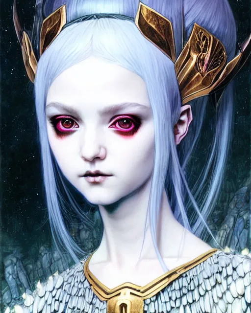 Image similar to portrait of beautiful cute young goth maiden girl with short white hairs in warhammer armor, art by ( ( ( kuvshinov ilya ) ) ) and wayne barlowe and gustav klimt and artgerm and wlop