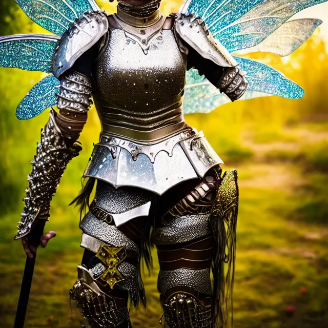 Image similar to full length photo of a fairy warrior wearing sparkly armour, highly detailed, 4 k, hdr, smooth, sharp focus, high resolution, award - winning photo