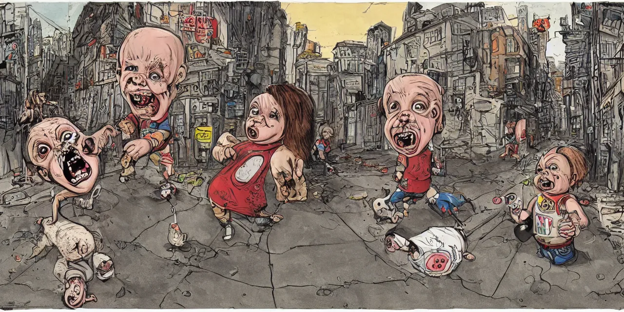 Prompt: a dog walking a screaming chucky doll on a inner city urban street set in the late 2 1 2 2 one hundred years of agi, caricature styling by jack davis