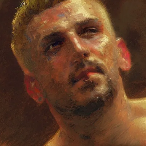 Image similar to a man with a mohawk haircut, painting by Gaston Bussiere, Craig Mullins