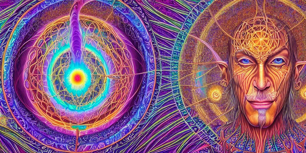 Prompt: detailed portrait of a dmt time elf waving to a passing soul energy, dmt portrait of benevolent time elves sharing their soul frequency, majestic temple, masterpiece composition, 8 k resolution, ultra fine illustration, art by alex grey and tokio aoyama, highly detailed,