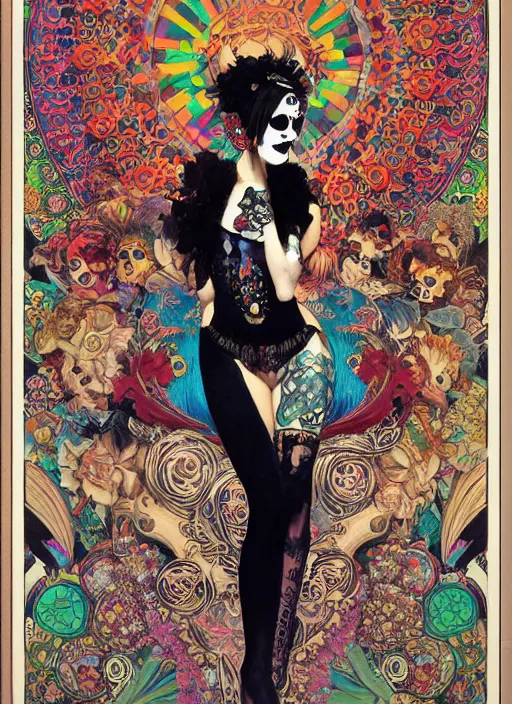 Image similar to cute punk goth fashion fractal Día de los Muertos tattooed girl posing in goth outfit by by Mario Testino, psychedelic poster art of by Victor Moscoso Rick Griffin Alphonse Mucha Gustav Klimt Ayami Kojima Amano Charlie Bowater, masterpiece