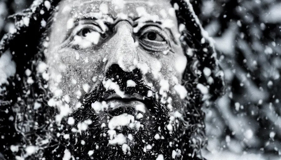 Prompt: 1 9 6 0 s movie still close up of marcus aurelius frozen to death in a dirty cape yelling in the snow, pine forests, cinestill 8 0 0 t 3 5 mm b & w, high quality, heavy grain, high detail, texture, dramatic light, anamorphic, hyperrealistic, detailed hair