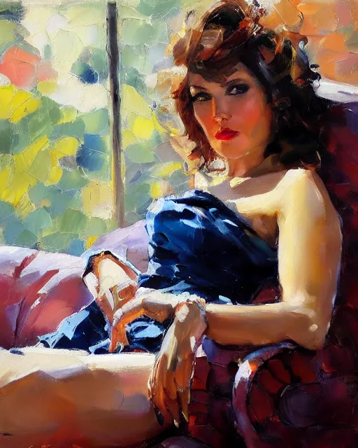 Image similar to a painting of a woman sitting on a couch, a fine art painting by michael garmash, deviantart, figurative art, detailed painting, oil on canvas, fine art