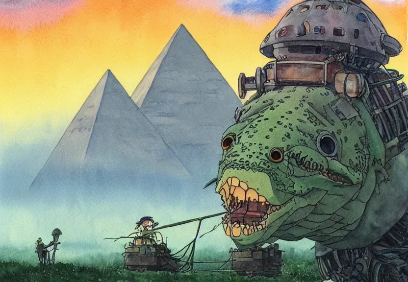 Image similar to a hyperrealist watercolor concept art from a studio ghibli film showing a giant mechanized crocodile from howl's moving castle ( 2 0 0 4 ). a pyramid is under construction in the background, in the rainforest on a misty and starry night. a ufo is in the sky. by studio ghibli