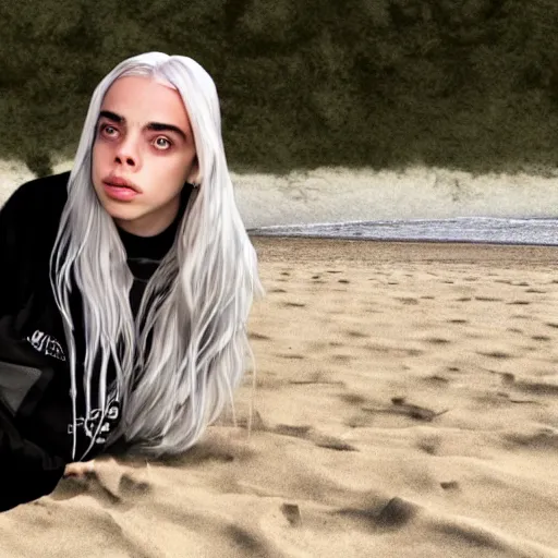 Prompt: billie eilish at the beach 4 k detailed super realistic