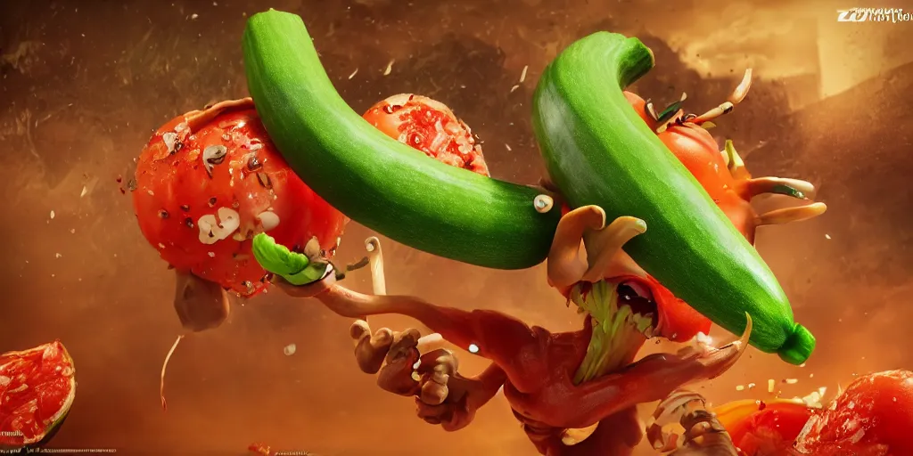 Prompt: detailed 3 d render of a furious zucchini assassin character at war with a timid tomato, high speed action, knives flying, explosions, blood, dramatic scene, hyper realistic octane render, cinematic lighting, deviantart, pop - surrealism, lowbrow, frame from pixar movie