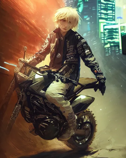 Image similar to beautiful blonde teenage boy wearing cyberpunk intricate streetwear riding dirt bike, beautiful, detailed portrait, cell shaded, 4 k, concept art, by wlop, ilya kuvshinov, artgerm, krenz cushart, greg rutkowski, pixiv. cinematic dramatic atmosphere, sharp focus, volumetric lighting, cinematic lighting, studio quality