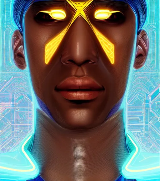 Image similar to symmetry!! egyptian prince of technology, solid cube of light, hard edges, product render retro - futuristic poster scifi, lasers and neon circuits, brown skin man egyptian prince, intricate, elegant, highly detailed, digital painting, artstation, concept art, smooth, sharp focus, illustration, dreamlike, art by artgerm