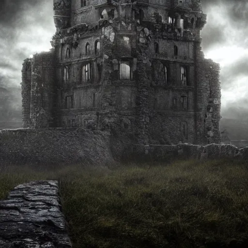 Prompt: hyperrealistic photograph of the haunted ruins of the black castle, dim volumetric lighting, 8 k, octane beautifully detailed render, extremely hyper detailed, intricate, epic composition, cinematic lighting, masterpiece, trending on artstation, very very detailed, stunning, hdr, smooth, sharp focus, high resolution, award, winning photo, dslr, 5 0 mm