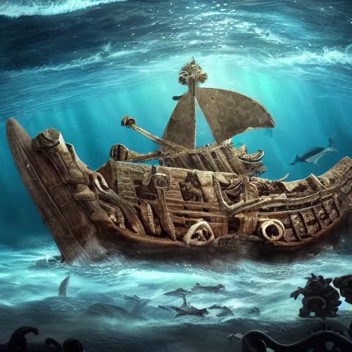 Image similar to vintage viking shipwreck surrounded by sharks and octopus, photorealistic, ultra-detailed, 4k high resolution, HDR shot, cinematic lighting