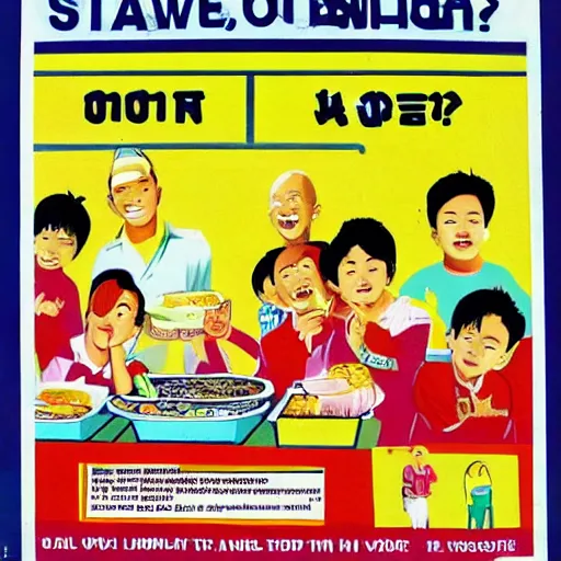 Image similar to a 1 9 9 0 s singaporean public education poster about hawker centres
