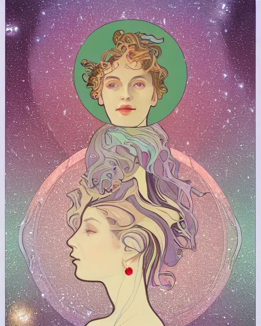 Prompt: a portrait of a galaxy as an androgynous fairy spirit wearing stars as a necklace, draped in transparent cloth, flat colors, minimal, swirly, bust by alphonse mucha, decorative art deco border, astrophotography, vast cosmos, digital illustration overlayed on photography, trending on artstation