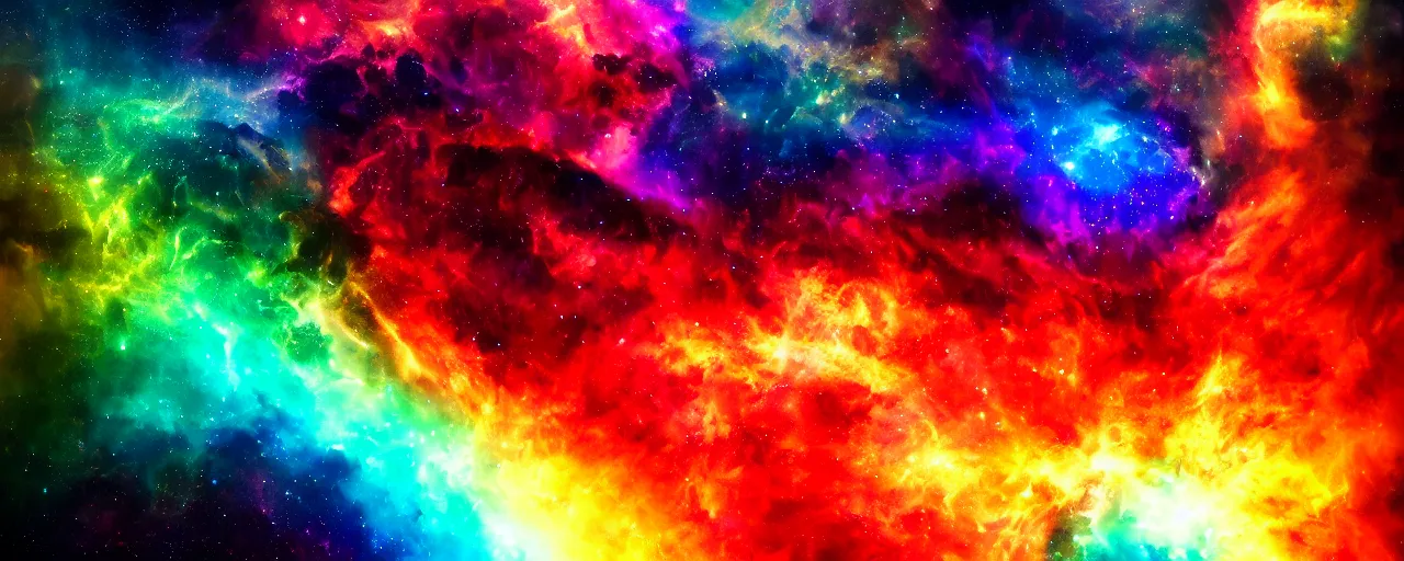 Prompt: large rainbow-colored nebula in the form of a dragon, large scale, breathtaking, mixed media, digital art, trending on artstation, 8k, epic composition, highly detailed, AAA graphics