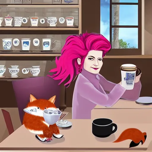 Prompt: captain janeway sharing coffee with a robotic fox with pink hair, inside a french cafe, digital art