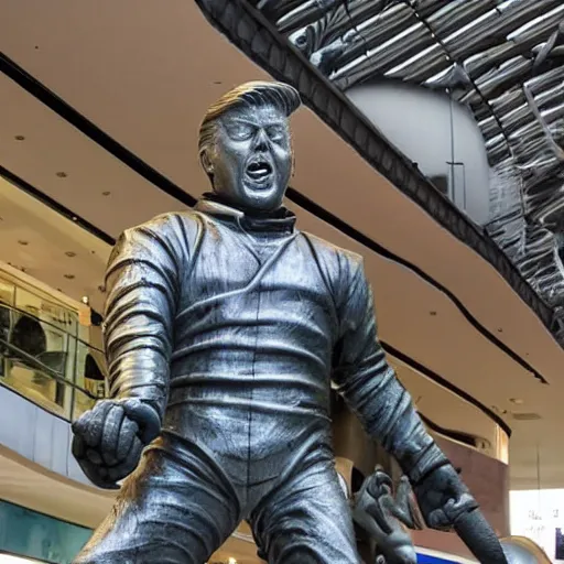 Image similar to heroic steel statue of Donald Trump saving the worl, in a mall