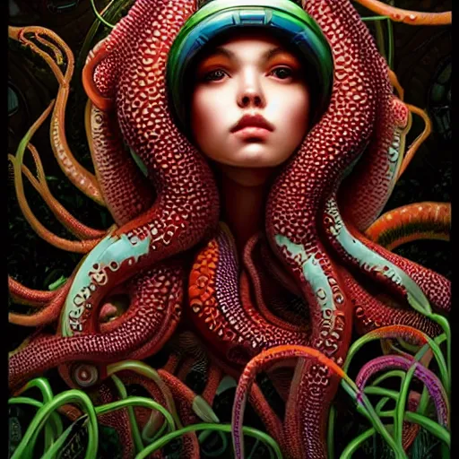 Image similar to Lofi BioPunk portrait with a giant octopus Pixar style by Tristan Eaton Stanley Artgerm and Tom Bagshaw