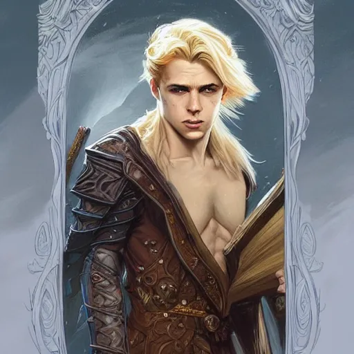 Prompt: an epic fantasy comic book style portrait painting of a confident blonde boy wearing plain thief clothes, d & d, fantasy, intricate, elegant, highly detailed, digital painting, artstation, concept art, matte, sharp focus, illustration, art by artgerm and greg rutkowski and alphonse mucha