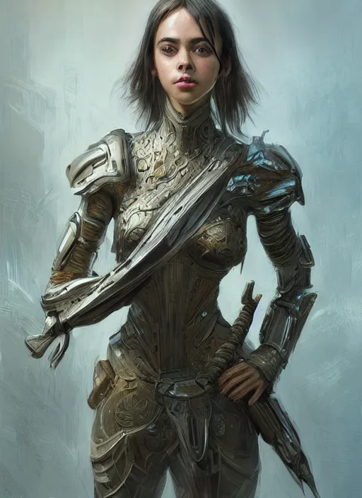 Image similar to a professional portrait of a beautiful young female, clothed in ethereal battle armor, olive skin, long dark hair, beautiful bone structure, symmetrical facial features, intricate, elegant, digital painting, concept art, smooth, sharp focus, finely detailed, illustration, from Valerian and the City of a Thousand Planets, in the style of Ruan Jia and Mandy Jurgens and Artgerm and Greg Rutkowski and William-Adolphe Bouguerea