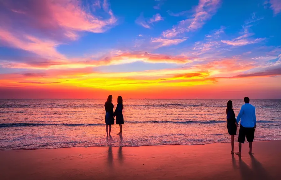 Prompt: 8 k uhd wonderful colorful sunset on a seashore with a cloud in the shape of a couple holding hands, professional photography,