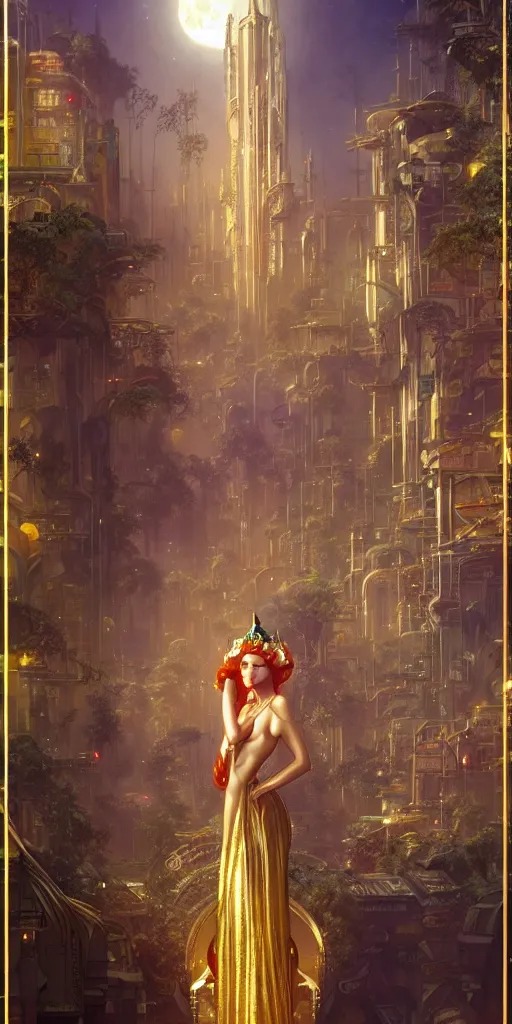 Image similar to golden ornate goddess looking at a hyper realistic cyberpunk city, busy crowded market street overtaken by lush plants, full moon, light rays, gnarly trees by tom bagshaw, mucha, gaston bussiere, craig mullins, j. c. leyendecker 8 k