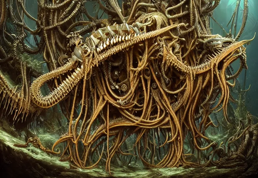 Prompt: extremely detailed. full body pictures of a cybernetic shark centipede jellyfish engine. underwater photography. claws. biomechanical giger ’ s xenomorph. the thing. detailed and intricate environment, wide angle, hyperrealism, plants and jungle, detailed and intricate environment, reflective, dynamic lighting, rembrandt, 8 k