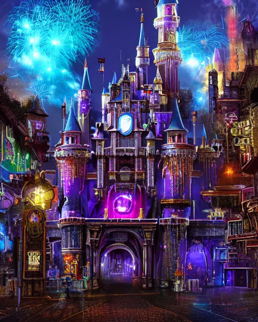 Prompt: Hyper realistic photo of a cyberpunk Disneyland castle at night, fireworks in the sky