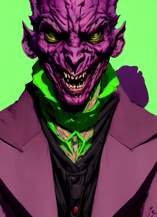 Prompt: portrait of an arrogant handsome hobgoblin in purple and red checkered tuxedo, green skin. in style of yoji shinkawa and hyung - tae kim, trending on artstation, dark fantasy, great composition, concept art, highly detailed, dynamic pose, vibrant colours.
