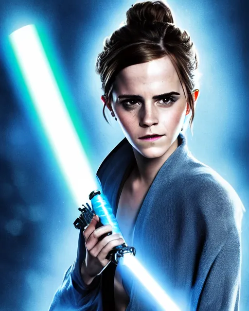 Prompt: emma watson as a jedi with ripped and damaged clothes holding a single lightsaber, blue coloured, in her hands, very dark background, official new star wars episode xi movie poster from lucas arts, perfect symmetrical face, moody lighting, 8 k, shallow depth of field, intricate detail,