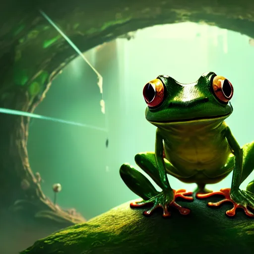 Image similar to an anthropomorphic frog living in an extradimensional reality where it is a god, in the style of wlop, illustration, epic, fantasy, hyper detailed, smooth, unreal engine, sharp focus, ray tracing, physically based rendering, renderman, beautiful