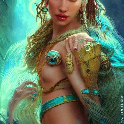 Image similar to octane render, artstation, 8 k, intricate detail, hyper detail, portrait by gaston bussiere, tan skin lady of elche, egyptian sumerian features, techno mystic goddess princess intergalactica inanna with aqua neon rapunzel dreadlocks,