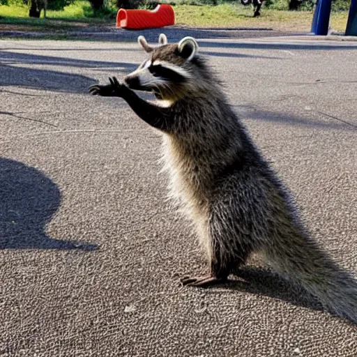 Image similar to angry raccoon vandalizing a children's playground