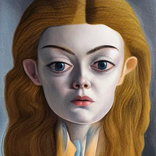 Image similar to professional painting of Elle Fanning in the style of Remedios Varo, head and shoulders portrait, symmetrical facial features, smooth, sharp focus, illustration, intricate, stormy weather, extremely detailed masterpiece,