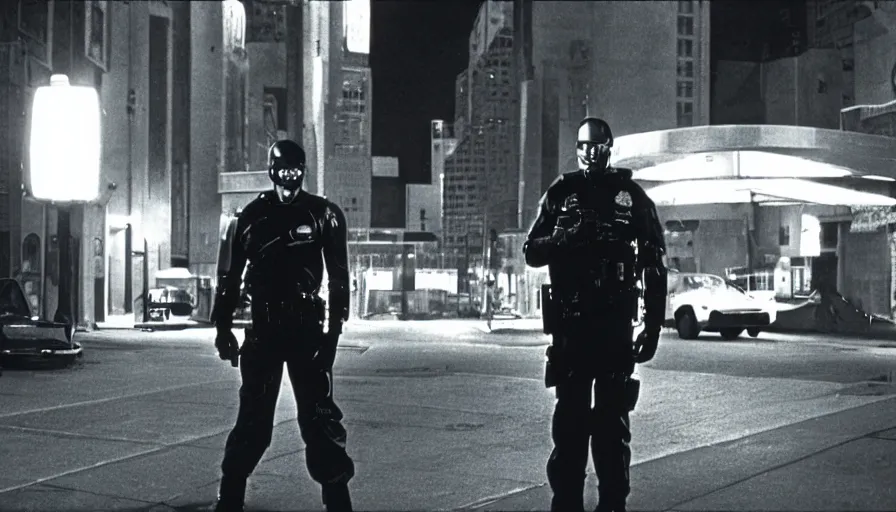 Image similar to peter weller cyborg cop, standing under a street lamp at night in downtown future detroit. leaning against a futuristic police car. criterion collection, movie still. 7 0 mm. imax. film.