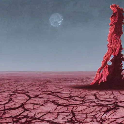 Prompt: a vast, looming, infinite monolith made of meat in a desolate, charred desert, painted by tsutomu nihei