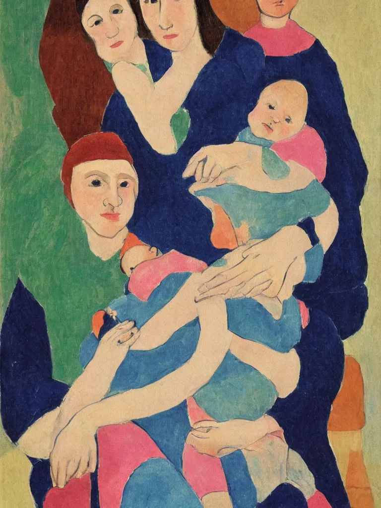 Prompt: portrait of a old woman holding a younger woman on her lap, that holds another, even younger woman, holding a girl holding a baby. painting by matisse