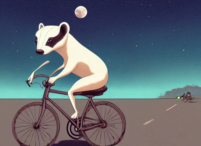 Image similar to a cell shaded cartoon badger riding a bicycle, with a big head, on a desert road, wide shot, in front of a big moon, muted colors, post grunge, josan gonzales, wlop, by james jean, victor ngai, hq, deviantart, art by artgerm