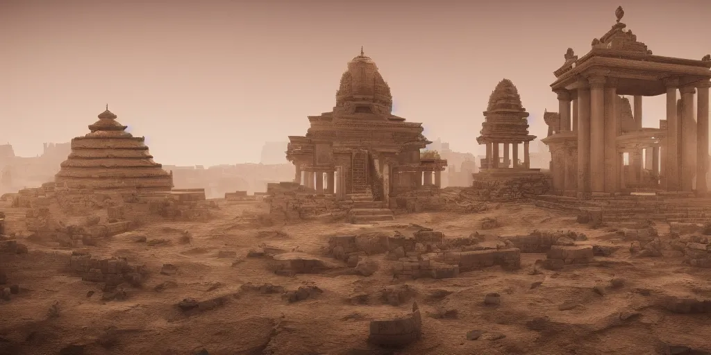 Image similar to ancient urban city view, building, desert, temple, cinematic composition, mist, obscure render light dark