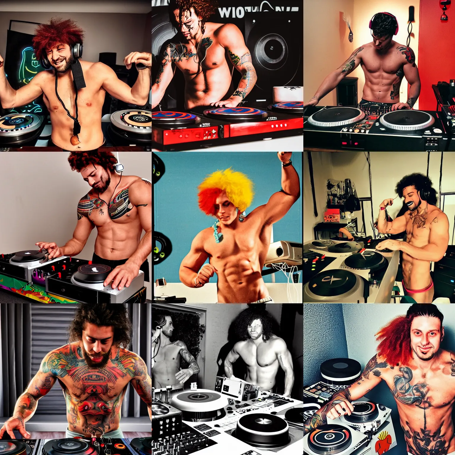 Prompt: shirtless muscular with tattoos Ronald McDonald wearing headphones DJing with DJ turntables