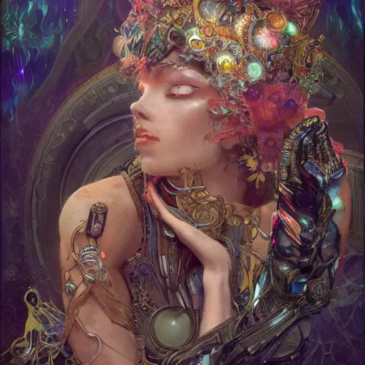 Image similar to extremely psychedelic beautiful cyborg queen of lsd. intricate, elegant, highly detailed, extremely lifelike photorealistic digital painting, artstation. steichen, gaston bussiere, tom bagshaw, cyberpunk alphonse mucha. dark pallet, melancholy. anatomically correct in every way. sultry. sharp focus. soft light.