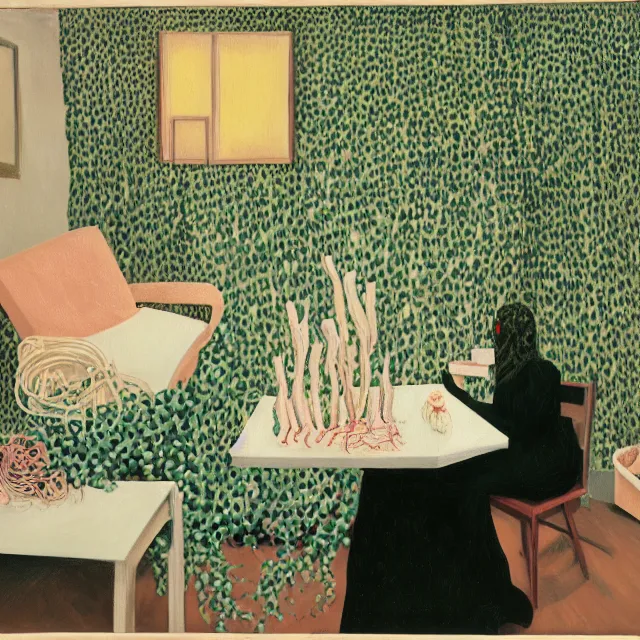 Image similar to a female pathology student in her apartment, wrapped in vines, medical equipment, candles, octopus, first aid kit, pig, black walls, ikebana, black armchair, sculpture, acrylic on canvas, surrealist, by magritte and monet