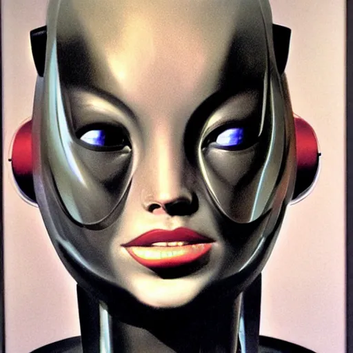 Image similar to female robot, facial portrait, by syd mead , airbrush, science fantasy