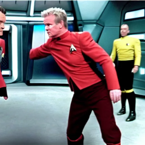 Prompt: gordon ramsey fighting chancellor gorwon from star trek, scene of a battle