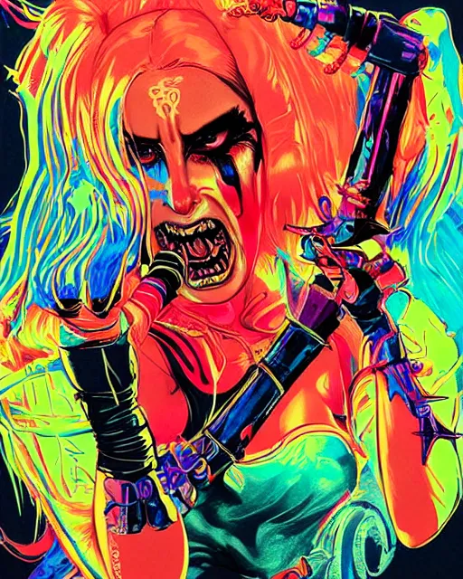 Image similar to lady gaga as harley quinn, grotesque, horror, high details, bright colors, striking, intricate details, by vincent di fate, artgerm julie bell beeple, 1 9 8 0 s, inking, vintage 8 0 s print, screen print