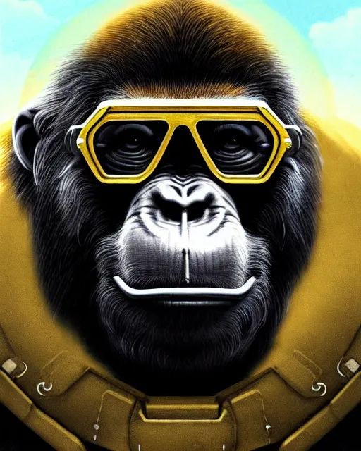 Prompt: winston the ape from overwatch, square brim glasses, future armor, character portrait, portrait, close up, concept art, intricate details, highly detailed, vintage sci - fi poster, retro future, in the style of chris foss, rodger dean, moebius, michael whelan, and gustave dore