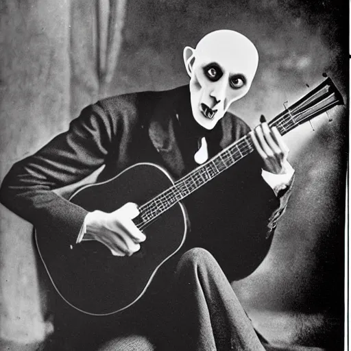 Image similar to max schreck nosferatu playing acoustic guitar and singing the blues, 1 9 2 0 s, alabama