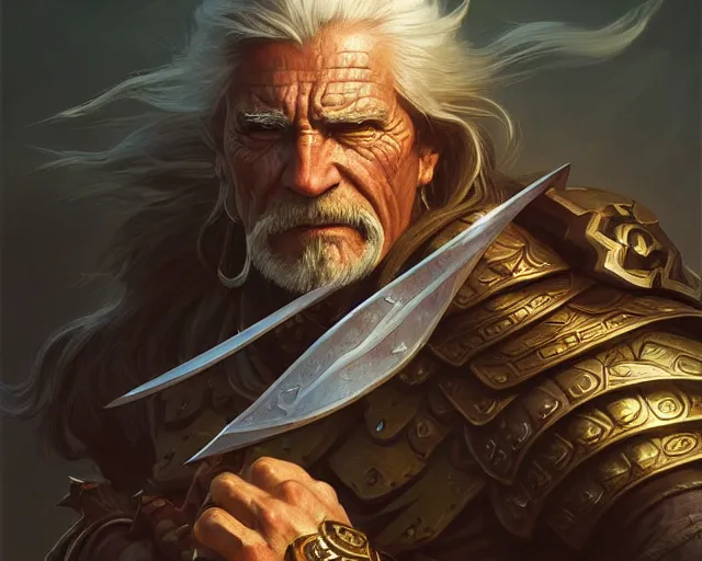 Prompt: old warrior holding his sword in front of his face, deep focus, d & d, fantasy, intricate, elegant, highly detailed, digital painting, artstation, concept art, matte, sharp focus, illustration, hearthstone, art by artgerm and greg rutkowski and alphonse mucha