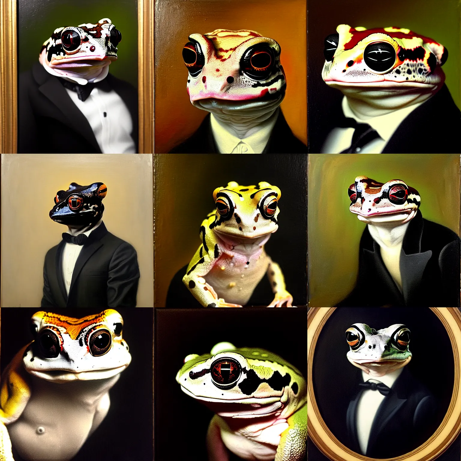 Prompt: a head - and - shoulders portrait of an amazon milk frog wearing a black suit jacket, an american romanticism painting, a portrait painting, cgsociety, soft focus, oil on canvas