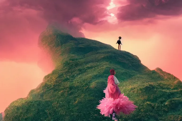 Image similar to giant dahlia flower crown under head, girl walking on dramatic mountain, surreal photography, pink storm clouds, sunset, impressionist painting, digital painting, artstation, simon stalenhag