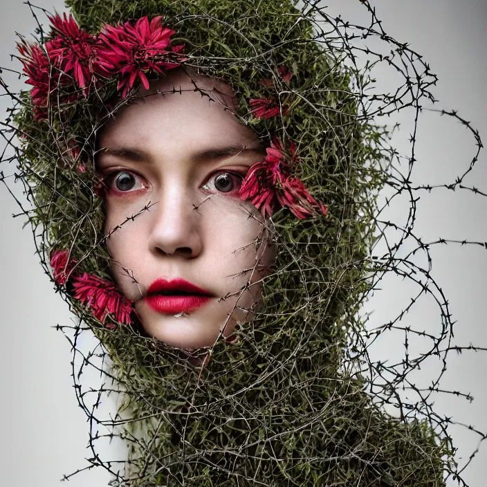 Image similar to a closeup portrait of a woman wearing a hooded cloak made of zinnias and barbed wire, in a derelict house, by Zhang Jingna, natural light, detailed face, CANON Eos C300, ƒ1.8, 35mm, 8K, medium-format print